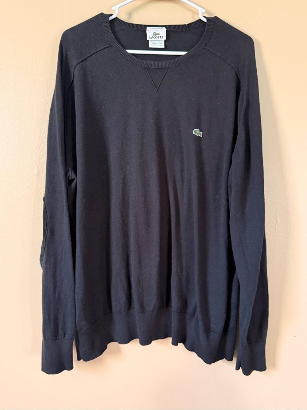 Lacoste Black Cotton Cashmere V-Stitch Sweater Size 8 | Suede Elbow Patches